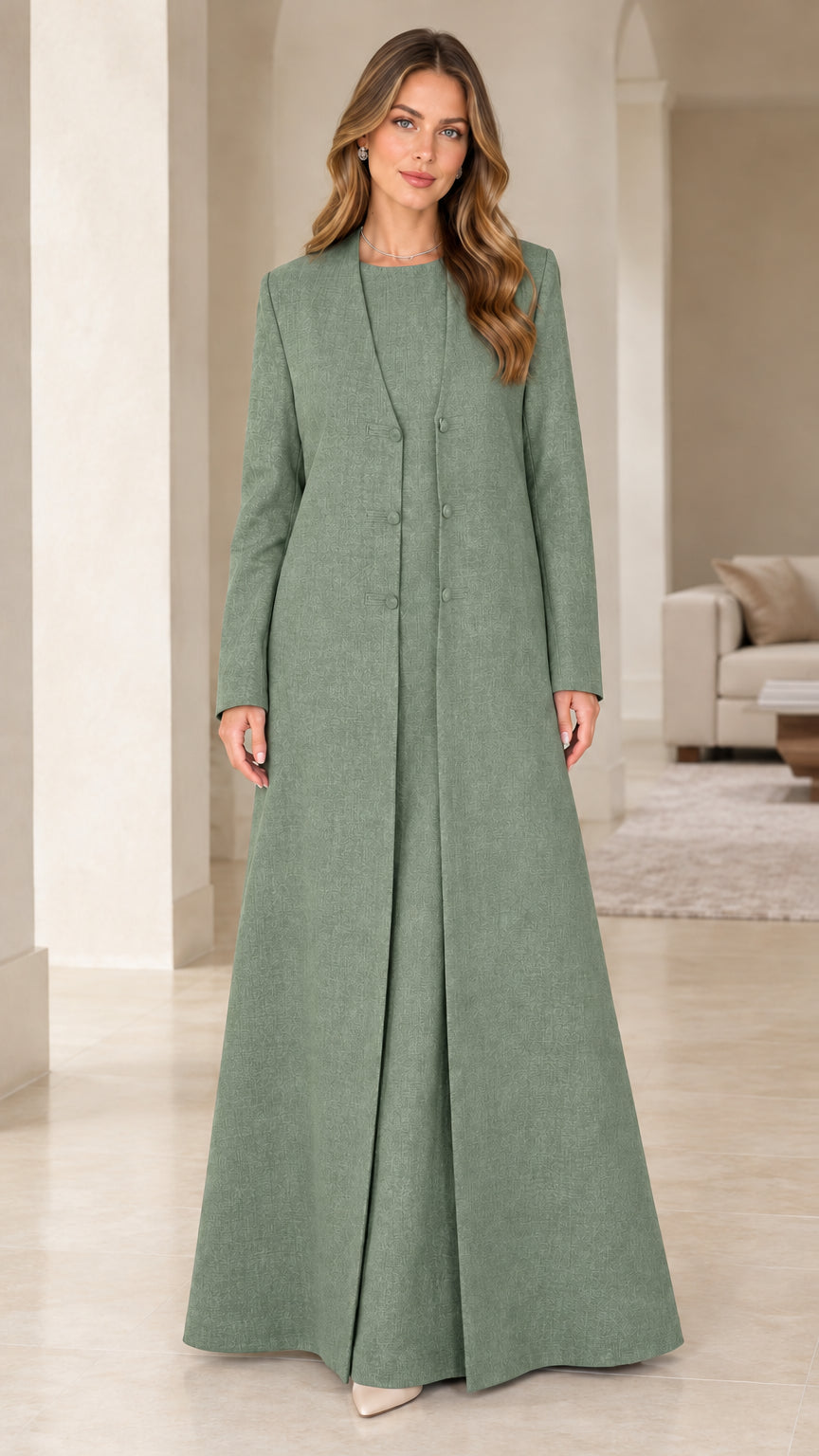 Front view of sage green two-piece elegant maxi dress and jacket set