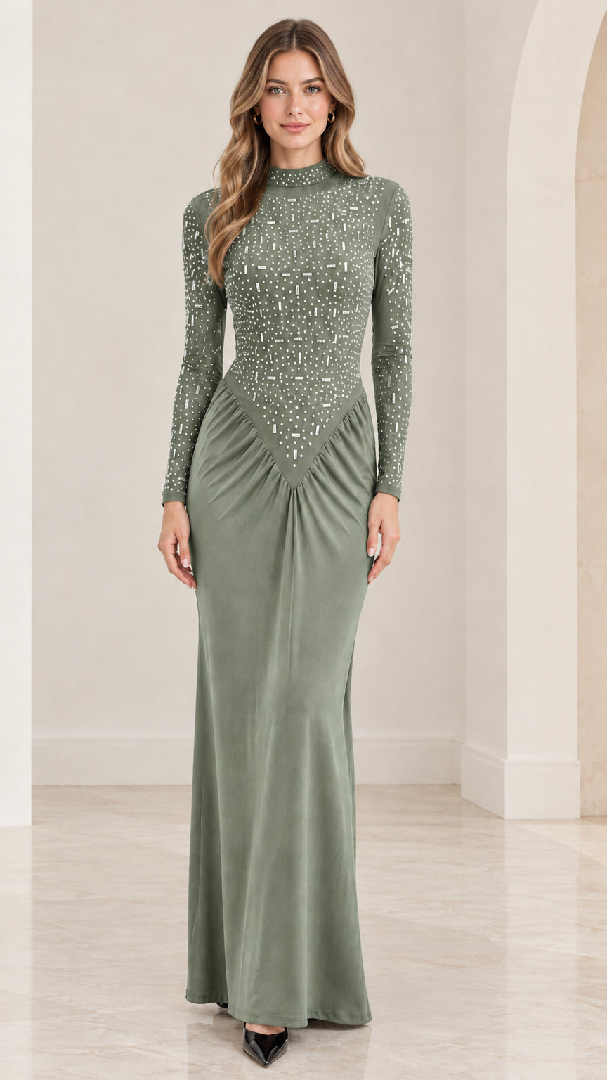 Front view of sage green long sleeve embellished evening gown