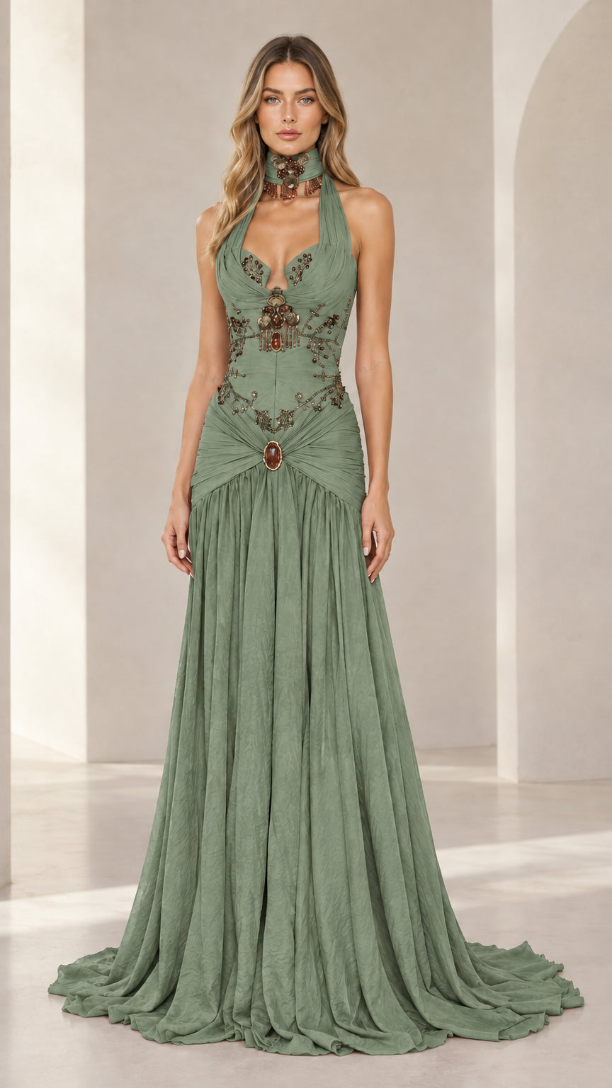 Sage green beaded halter neck corset maxi gown on model