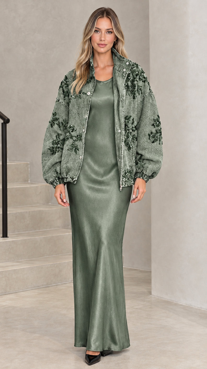 Sage green floral sequin washed denim jacket paired with a sage green satin dress