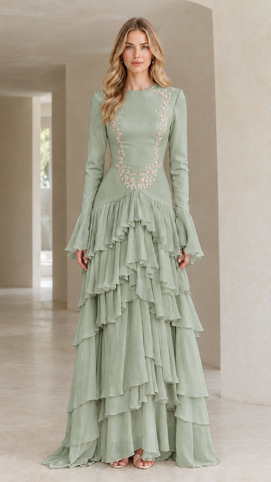 Front full view of woman wearing sage green embroidered tiered ruffle long sleeve evening gown
