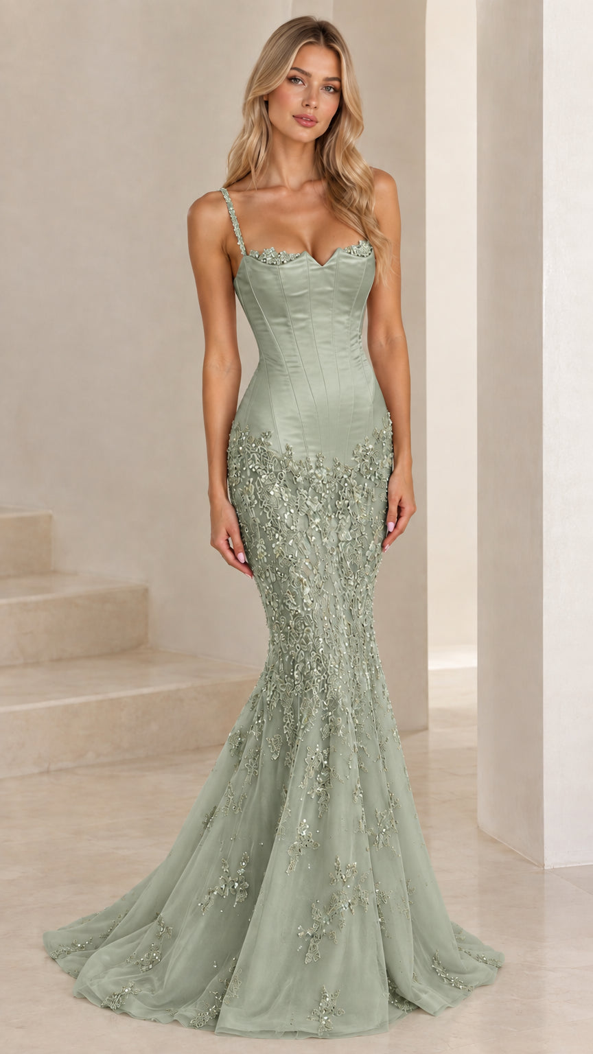 Sage green embellished corset mermaid formal dress