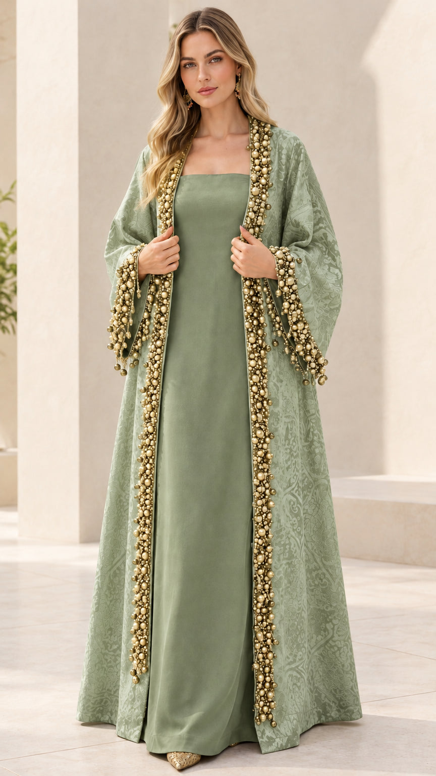 Model wearing Sage Green elegant jacquard abaya set with pearl-beaded borders