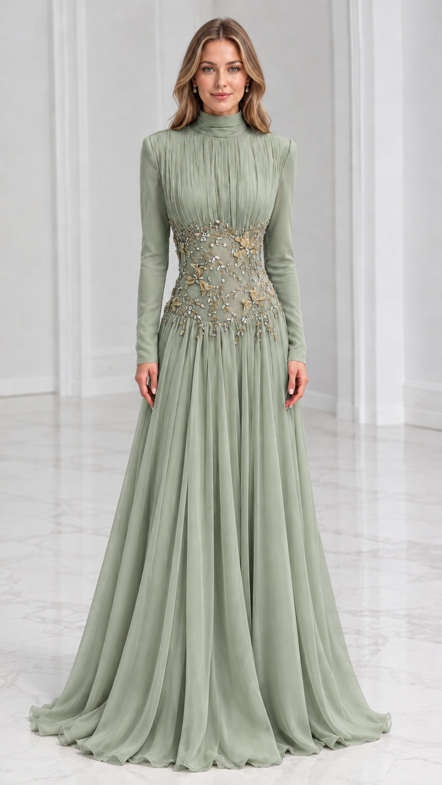 Front view of model wearing Sage Green high-neck pleated maxi evening dress
