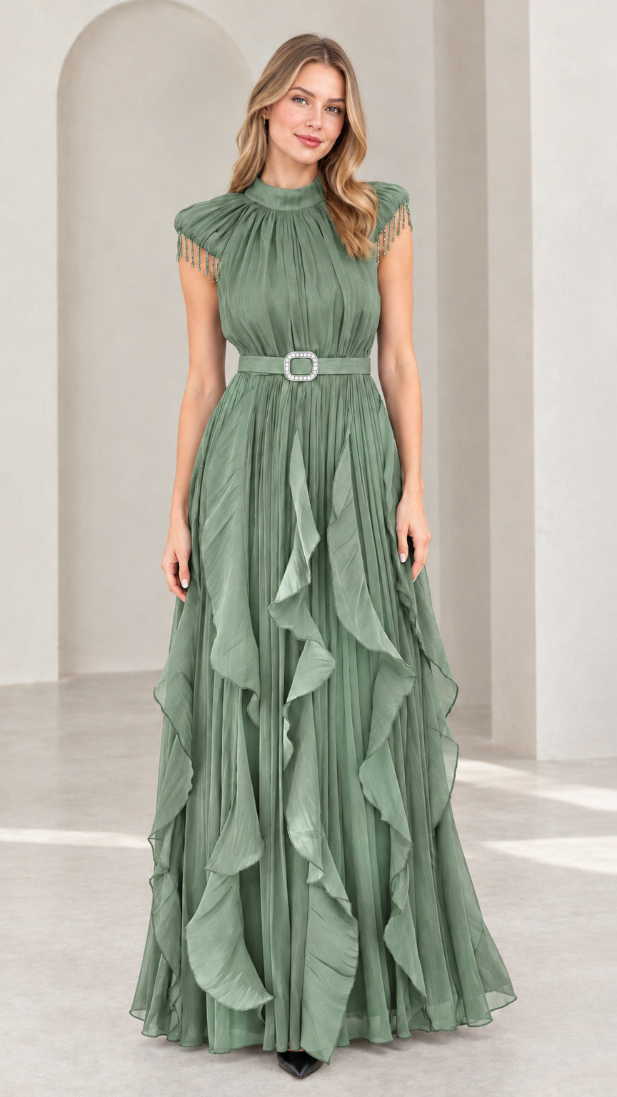 Sage Green high neck formal pleated maxi gown with layered ruffle skirt