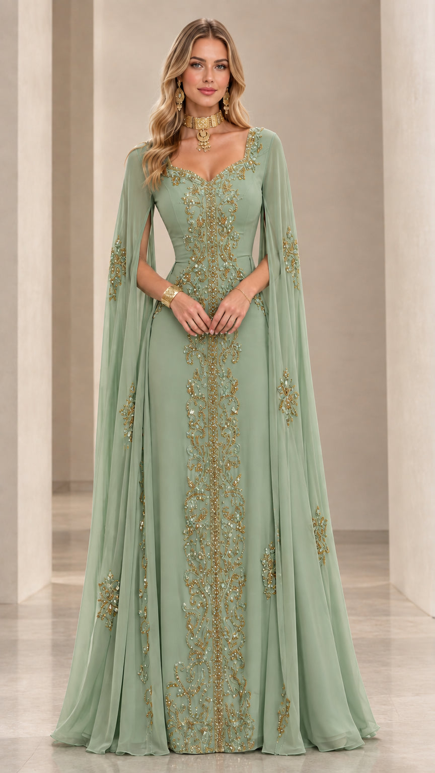 Sage green cape sleeve kaftan gown featuring ornate gold sequin trim