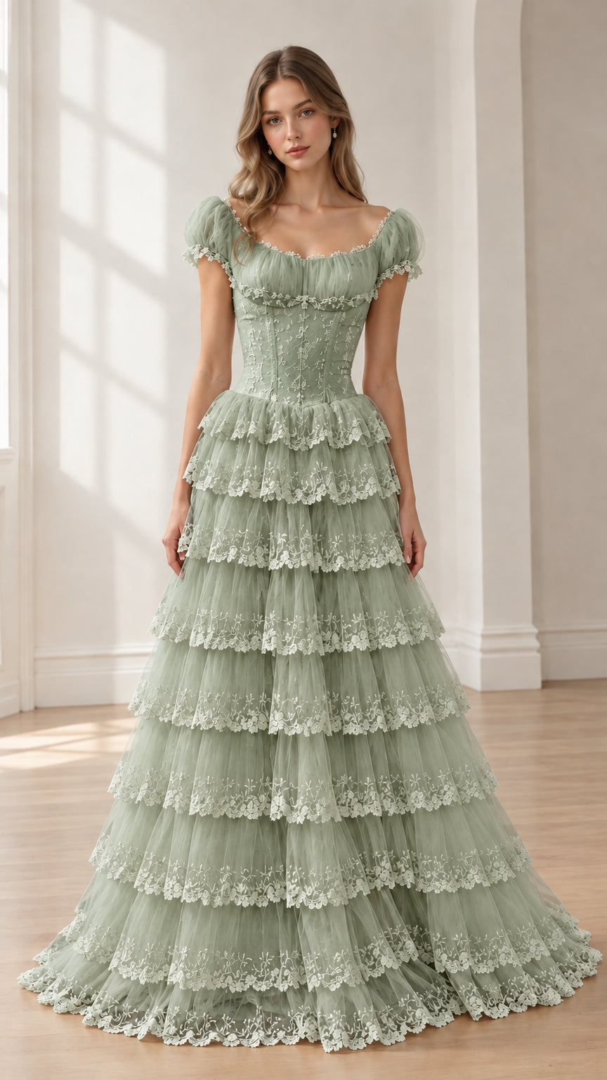 Sage green tiered lace corset evening gown with cap sleeves