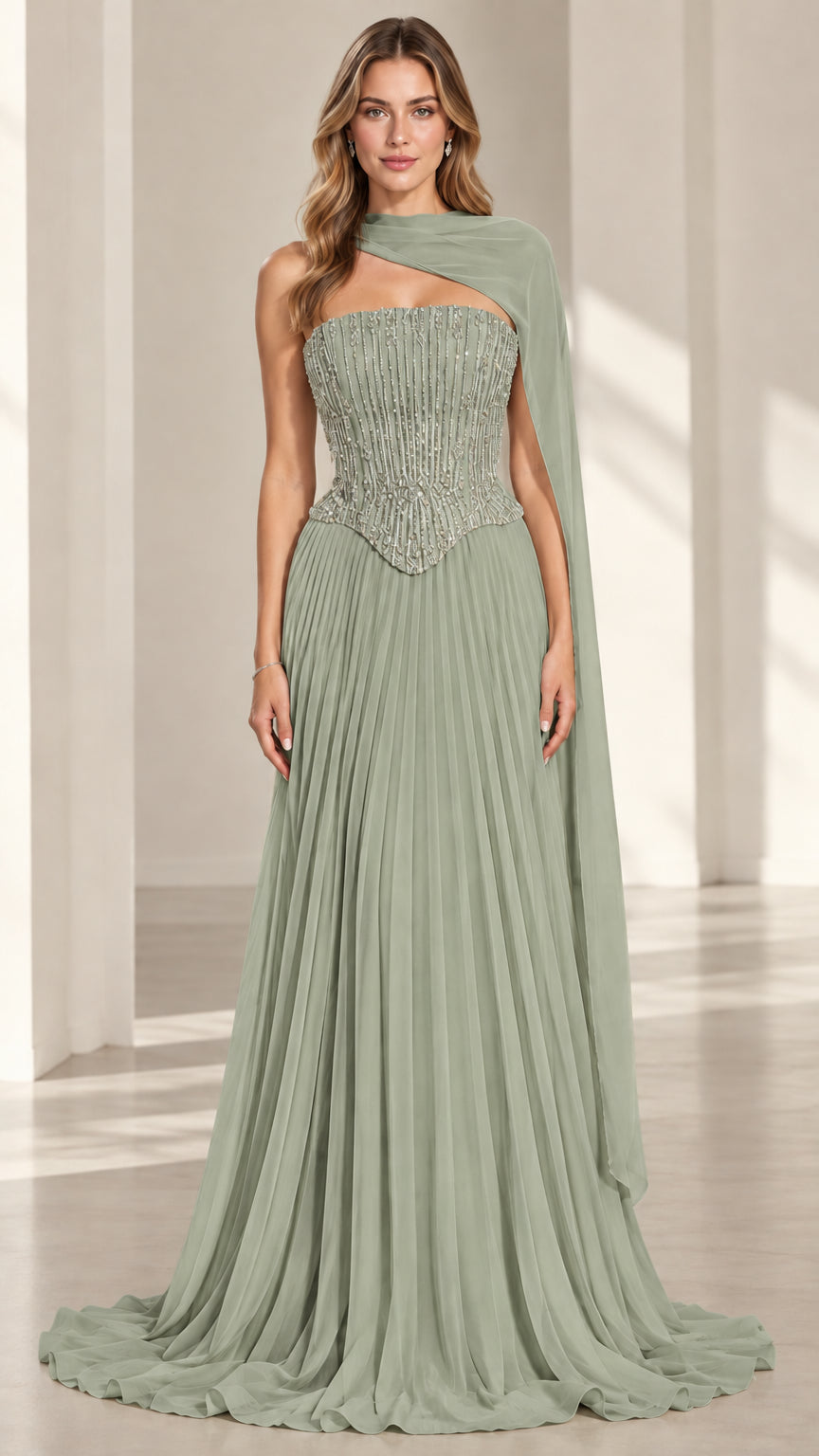 Sage green beaded basque waist evening dress with pleated chiffon skirt