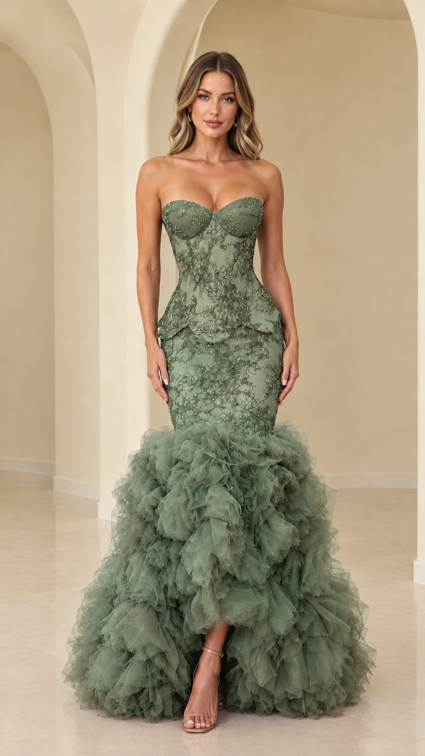 Model wearing sage green strapless beaded lace mermaid evening gown