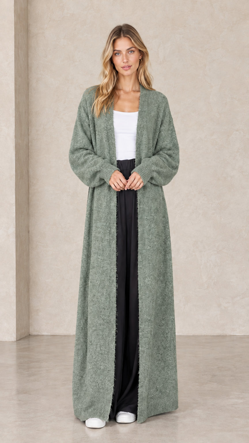 Full-length view of sage green floor-length duster cardigan