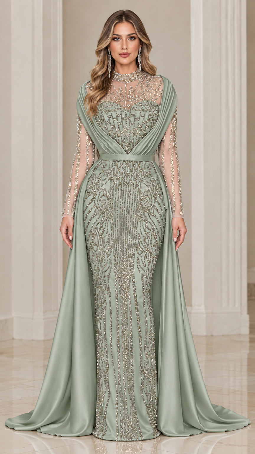 Sage green illusion neckline evening dress with beaded embroidery and satin cape train