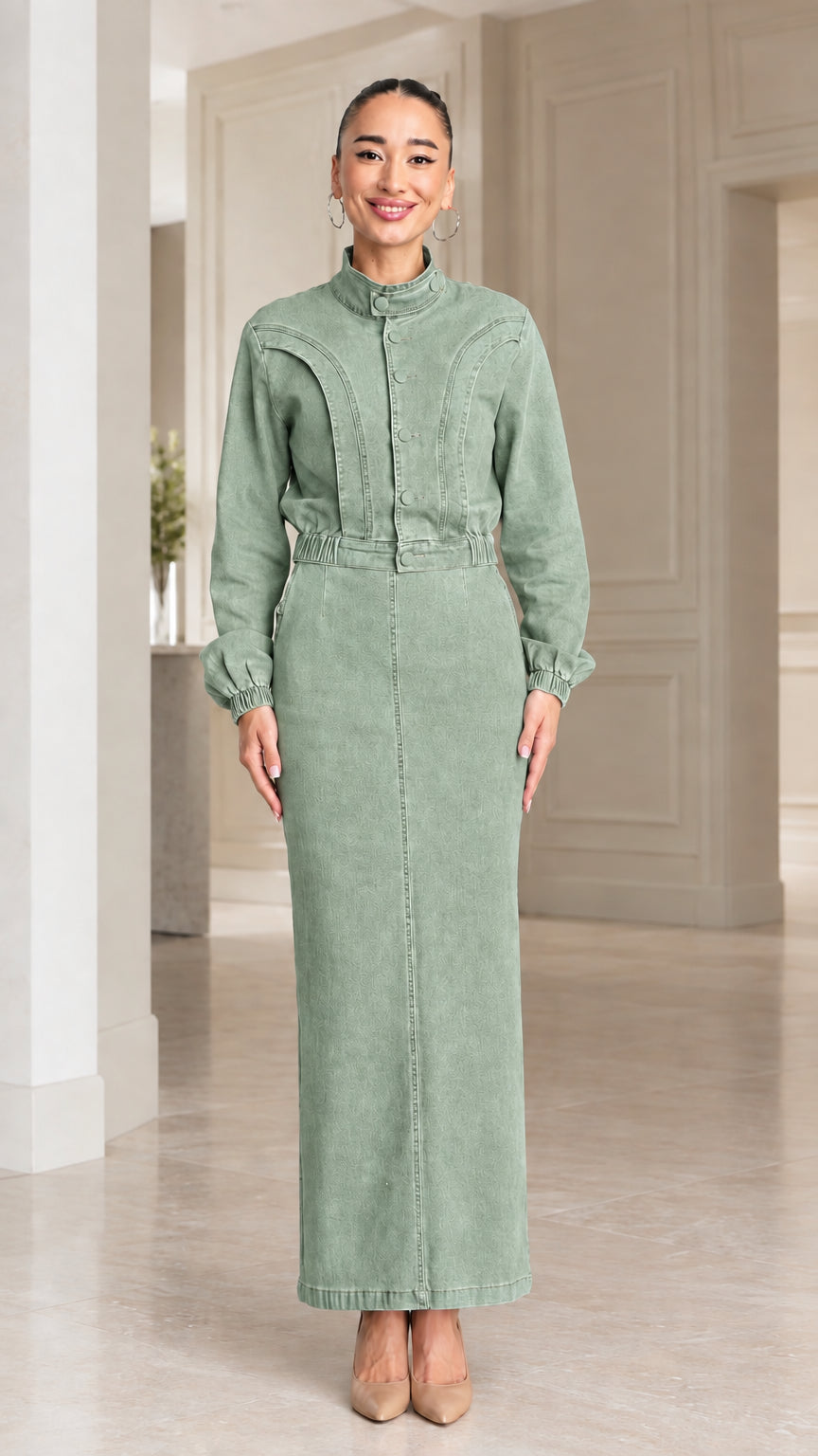 Full-length front view of model wearing Sage Green high-neck denim maxi dress