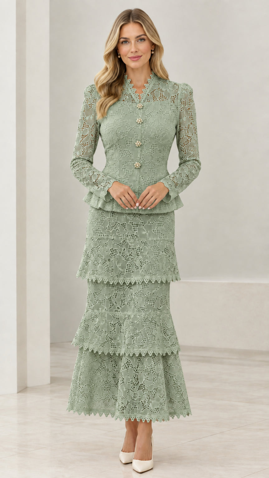 Front view of model in Sage Green lace peplum jacket and tiered maxi skirt set
