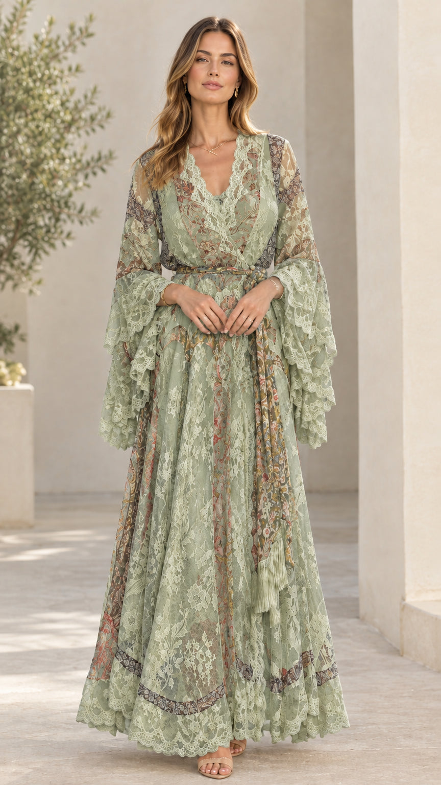 Sage green bohemian lace maxi dress with long bell sleeves