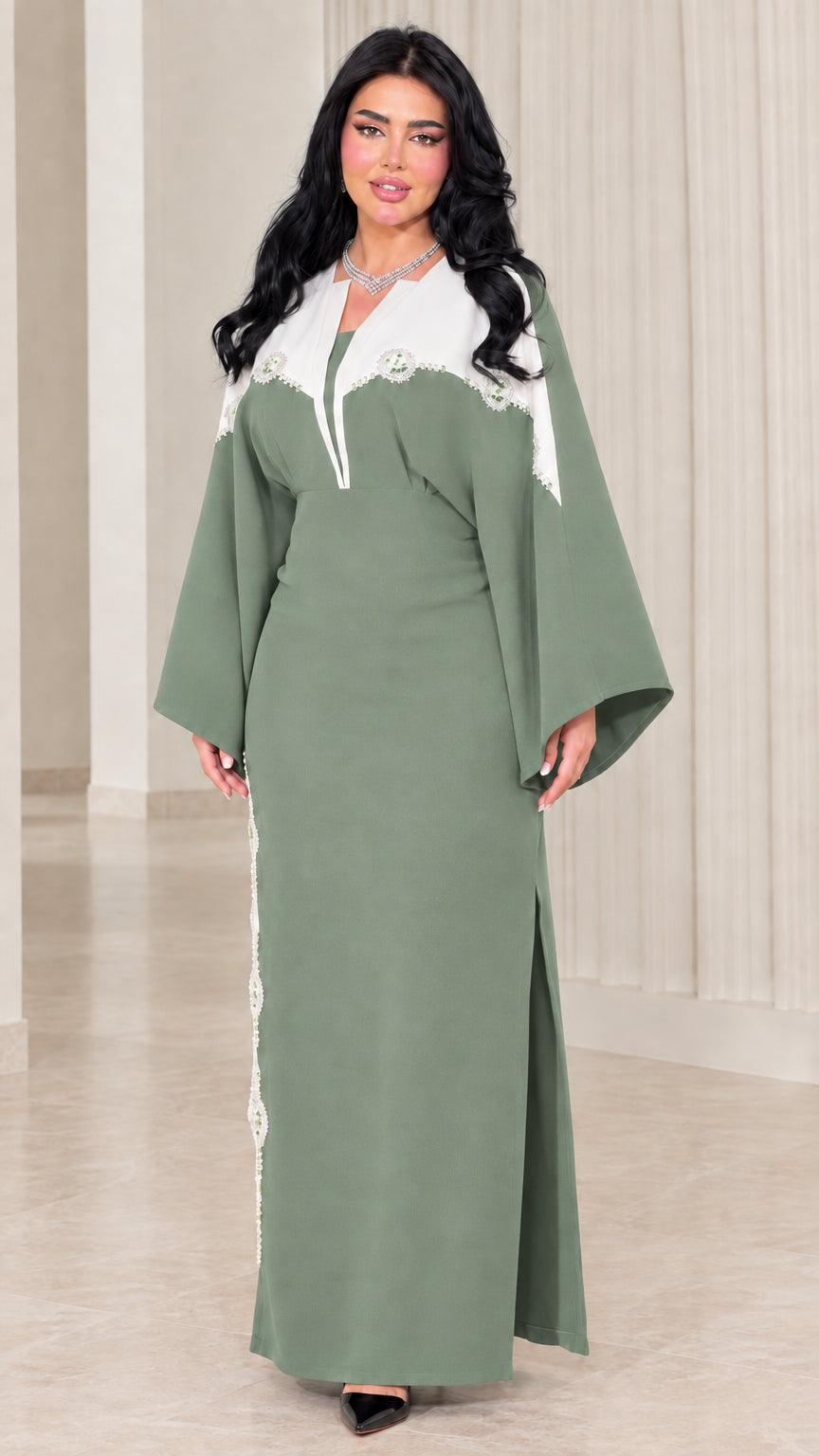 Sage green contrast embellished bell sleeve maxi dress front view
