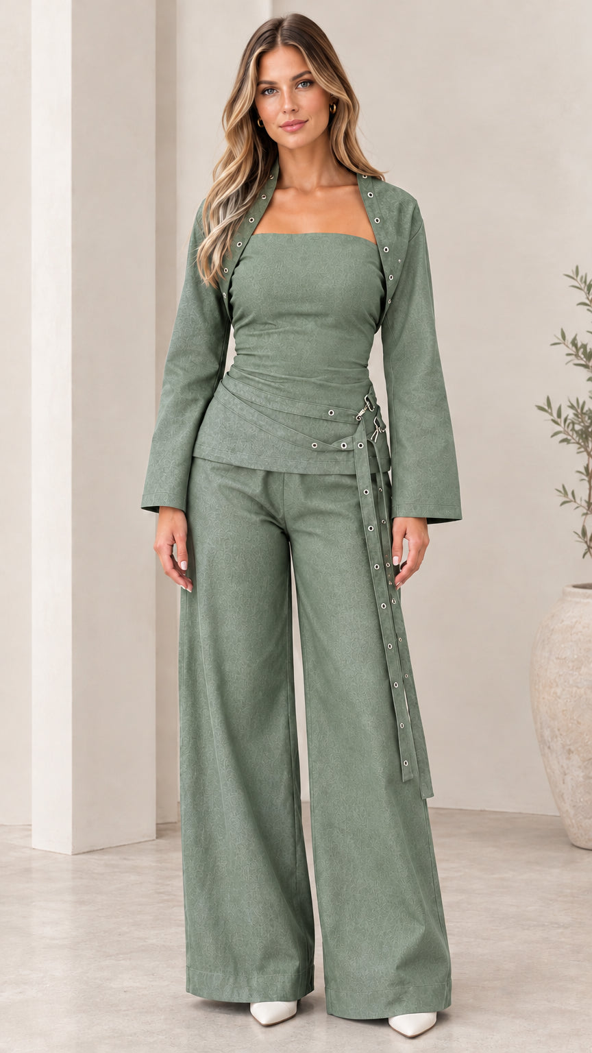 Model wearing Sage Green 3-piece coord outfit with grommet details