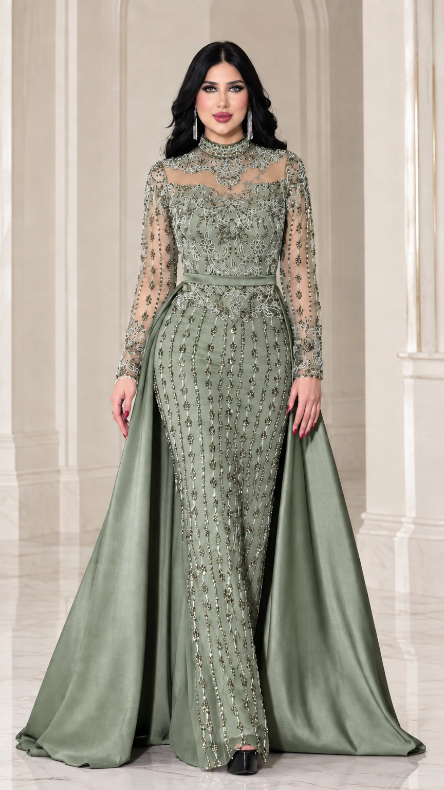 Sage green illusion high neck beaded formal gown with satin skirt