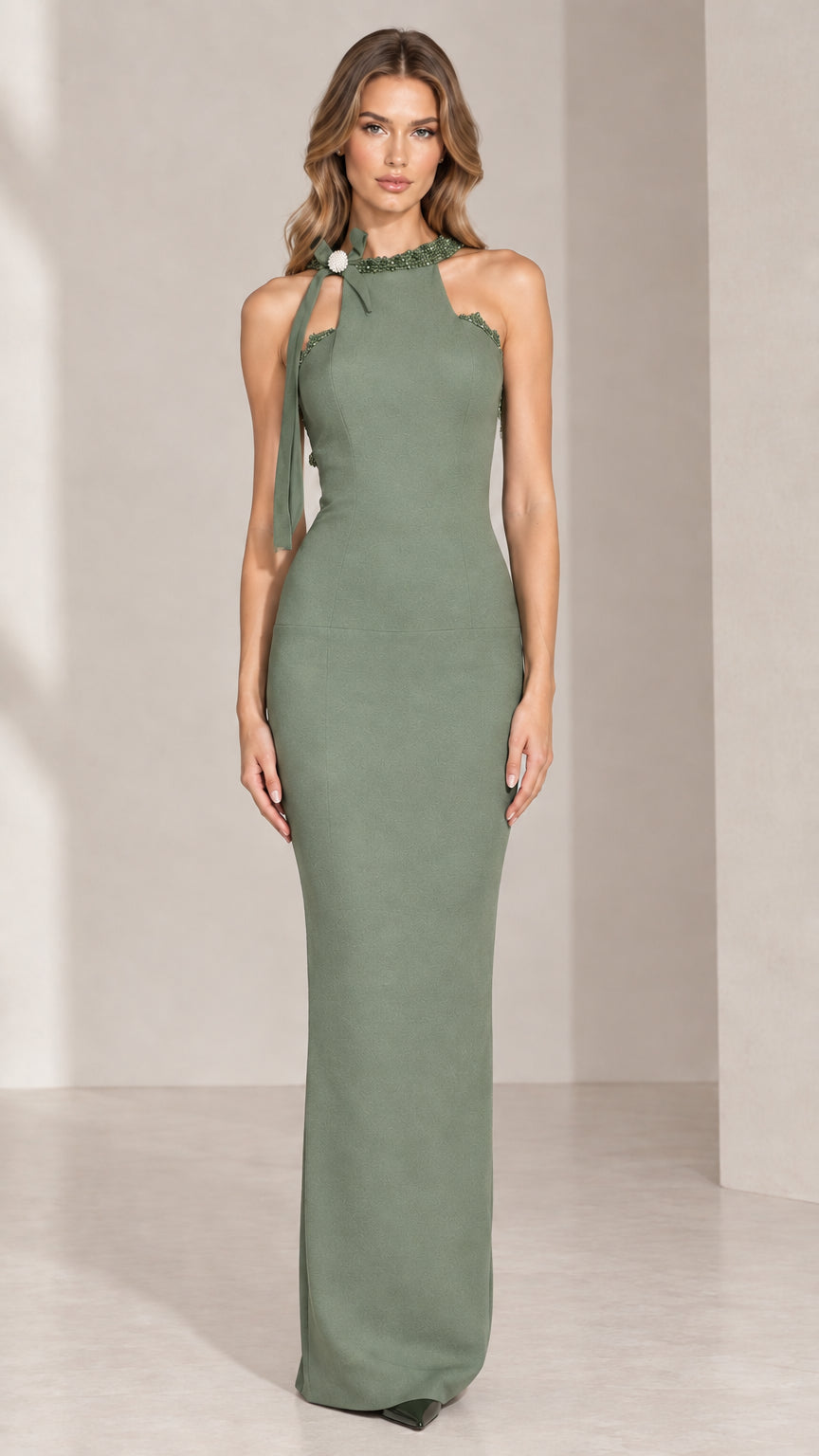 Sage green halter neck formal column maxi gown