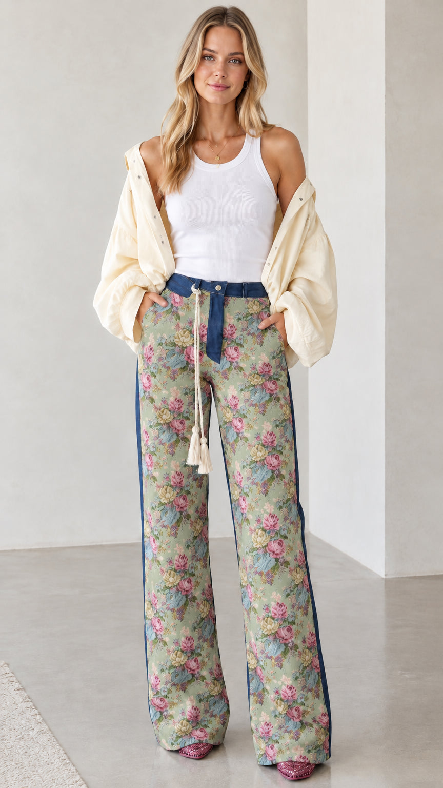 Model wearing Sage Green Floral wide-leg pants with denim waist accent