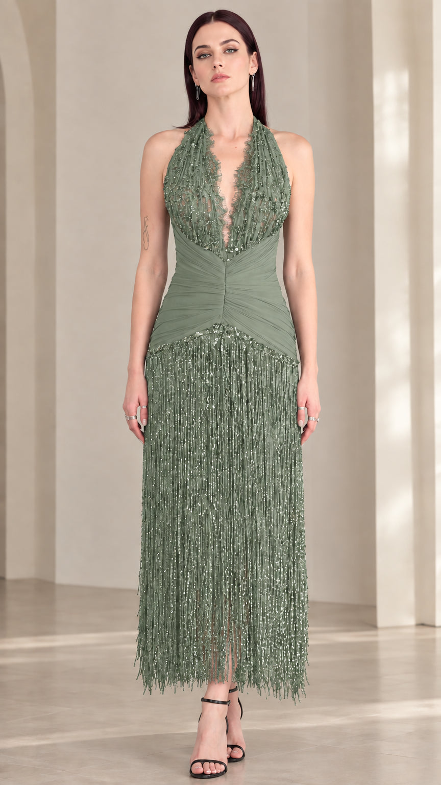 Front view of sage green halter sequin fringe evening dress