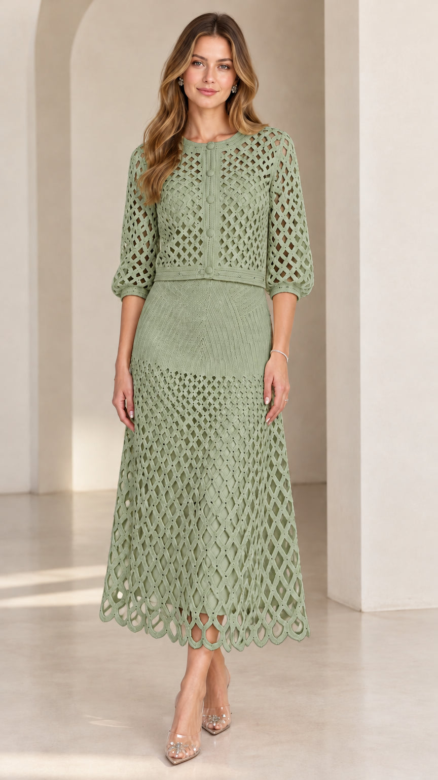 Sage green crochet knit top and skirt coordinated set