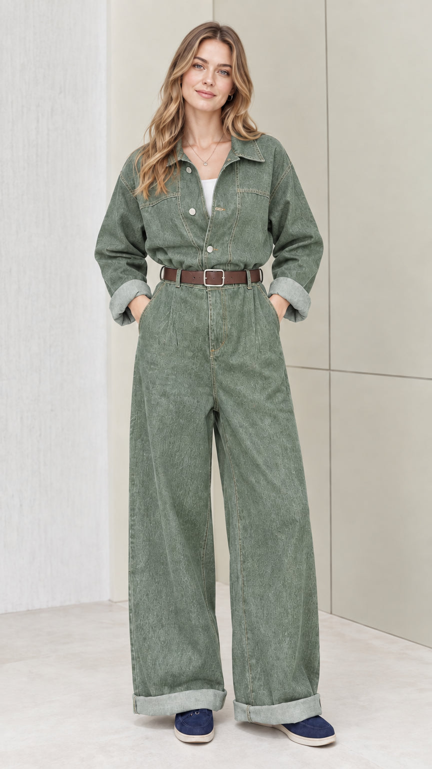Front view of woman wearing sage green wide-leg utility jumpsuit with belt