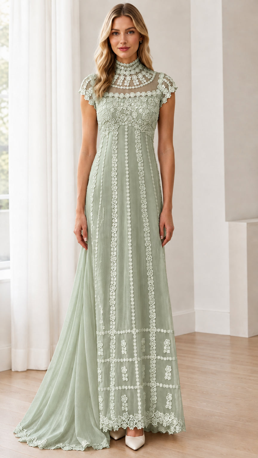 Sage Green high neck lace floor-length formal dress