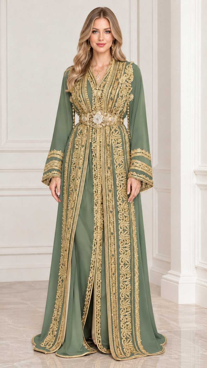 Full front view of sage green Moroccan caftan dress with gold embroidery