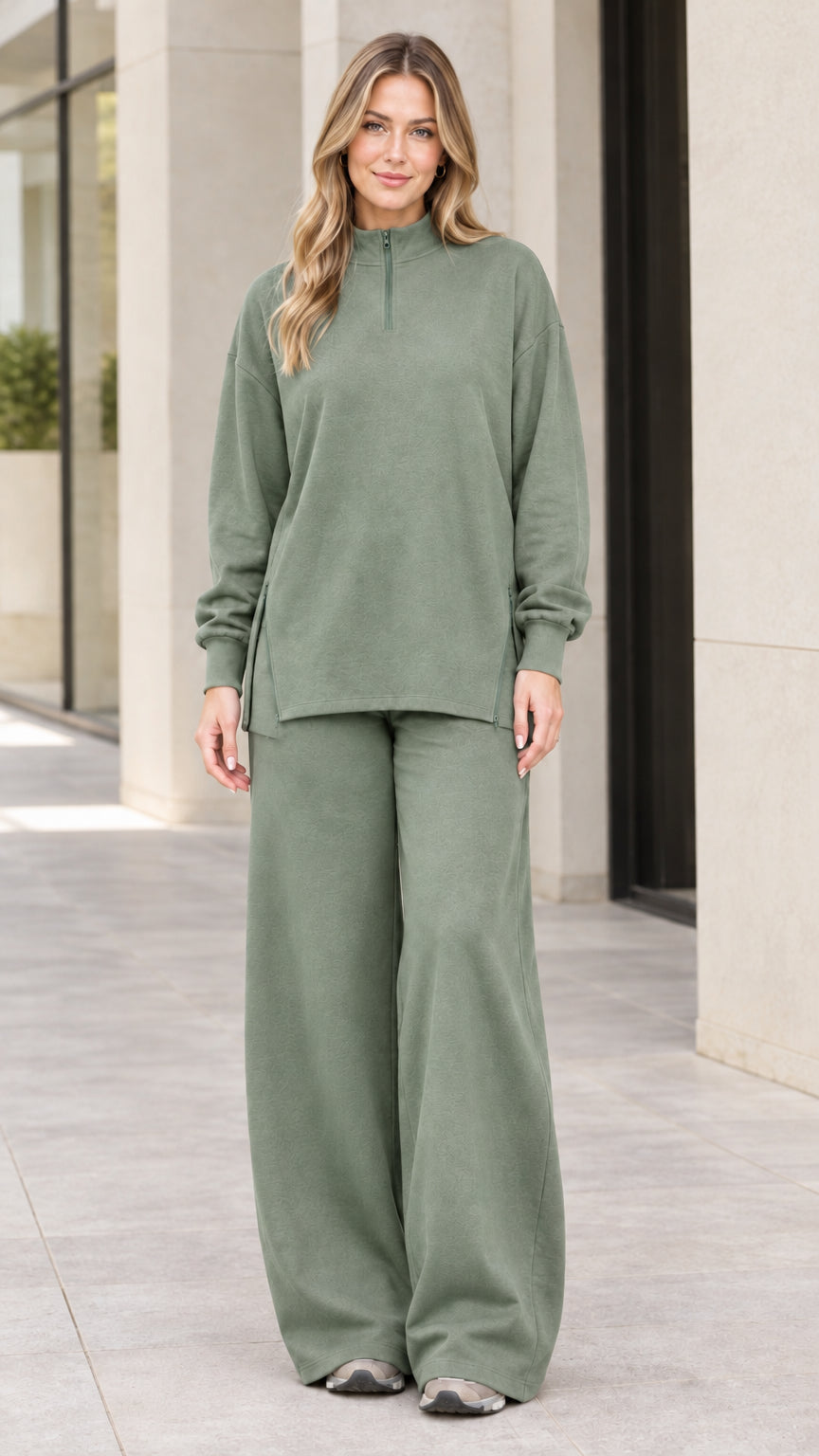 Women's sage green quarter-zip top and flowy wide-leg pants tracksuit