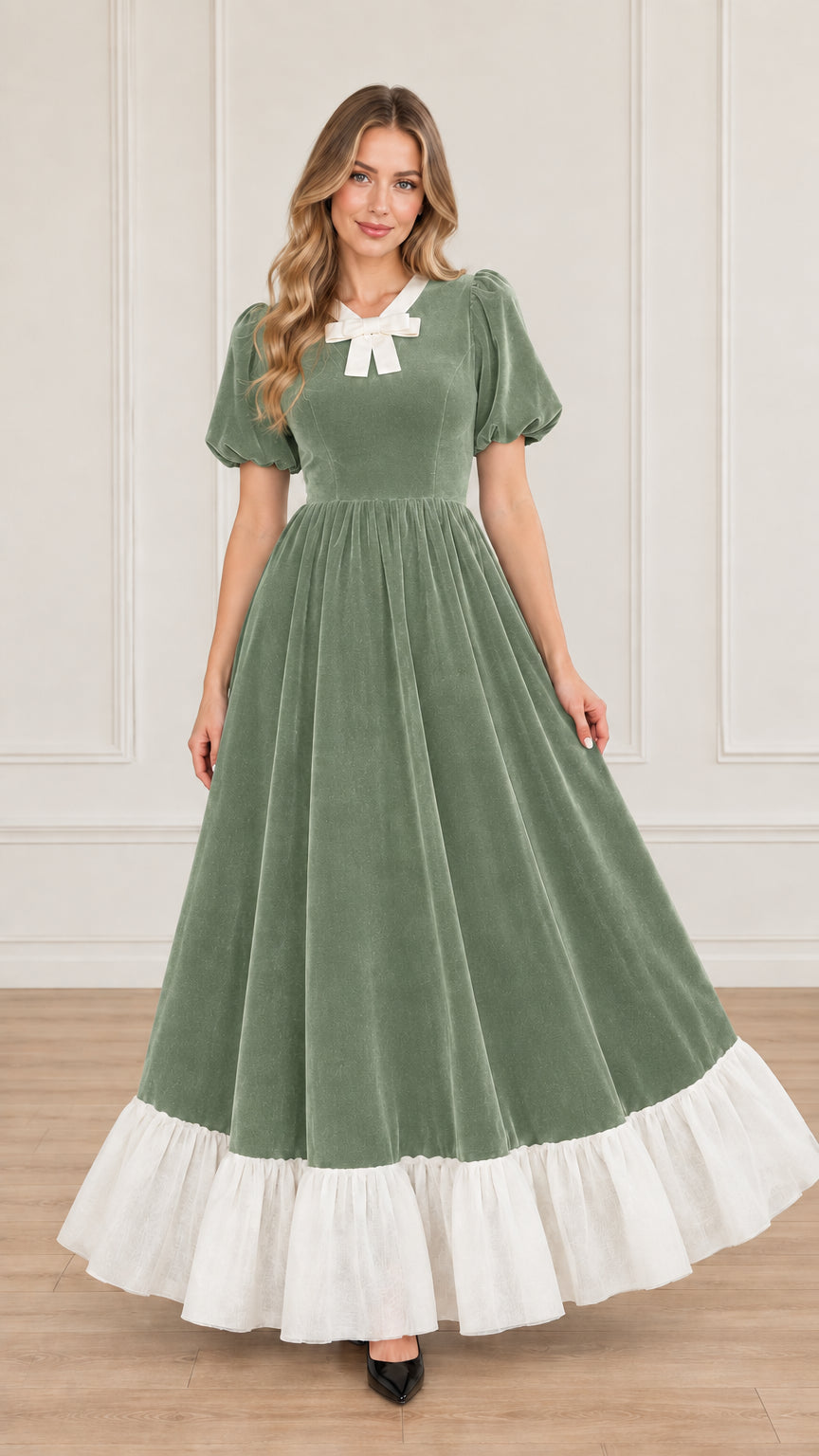 Front view of sage green velvet maxi dress with contrast white bow collar and hem
