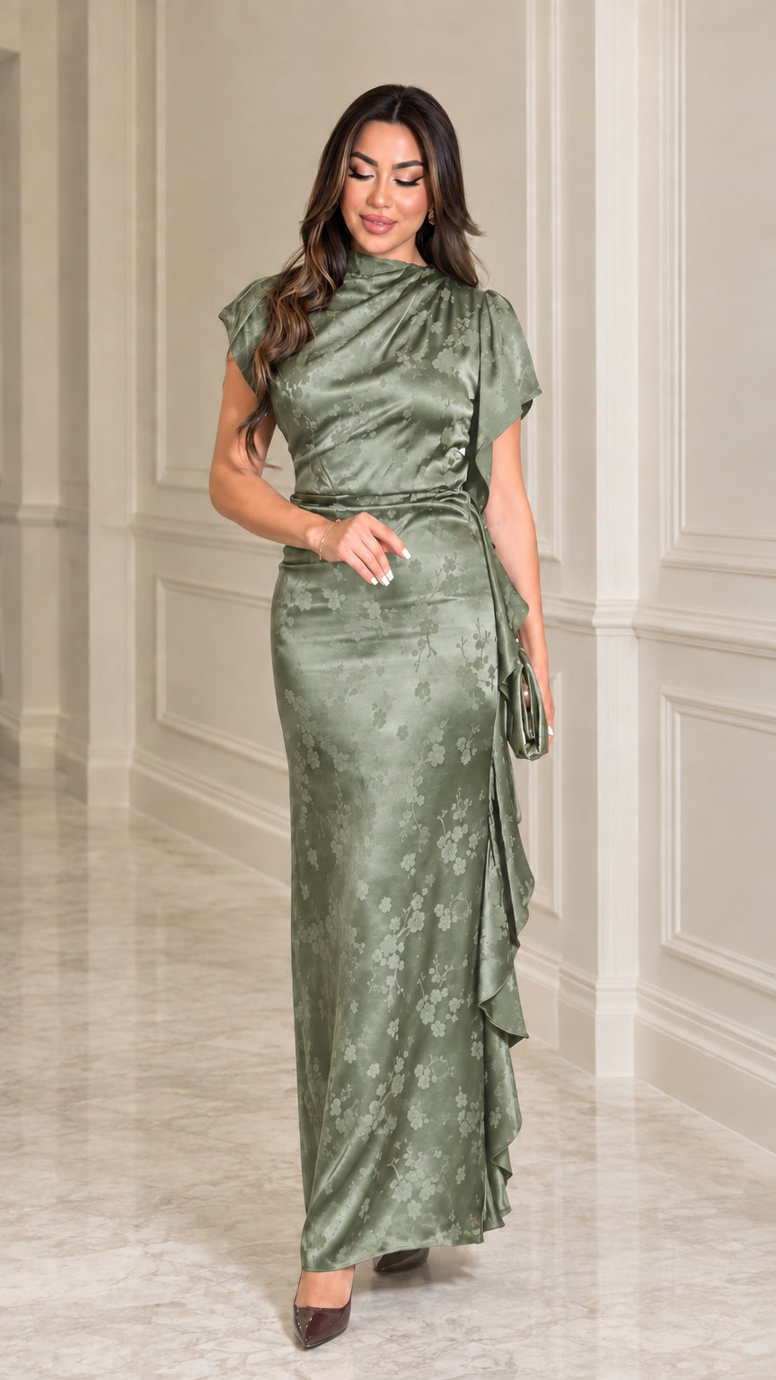 Front view of woman wearing Sage Green satin jacquard maxi dress