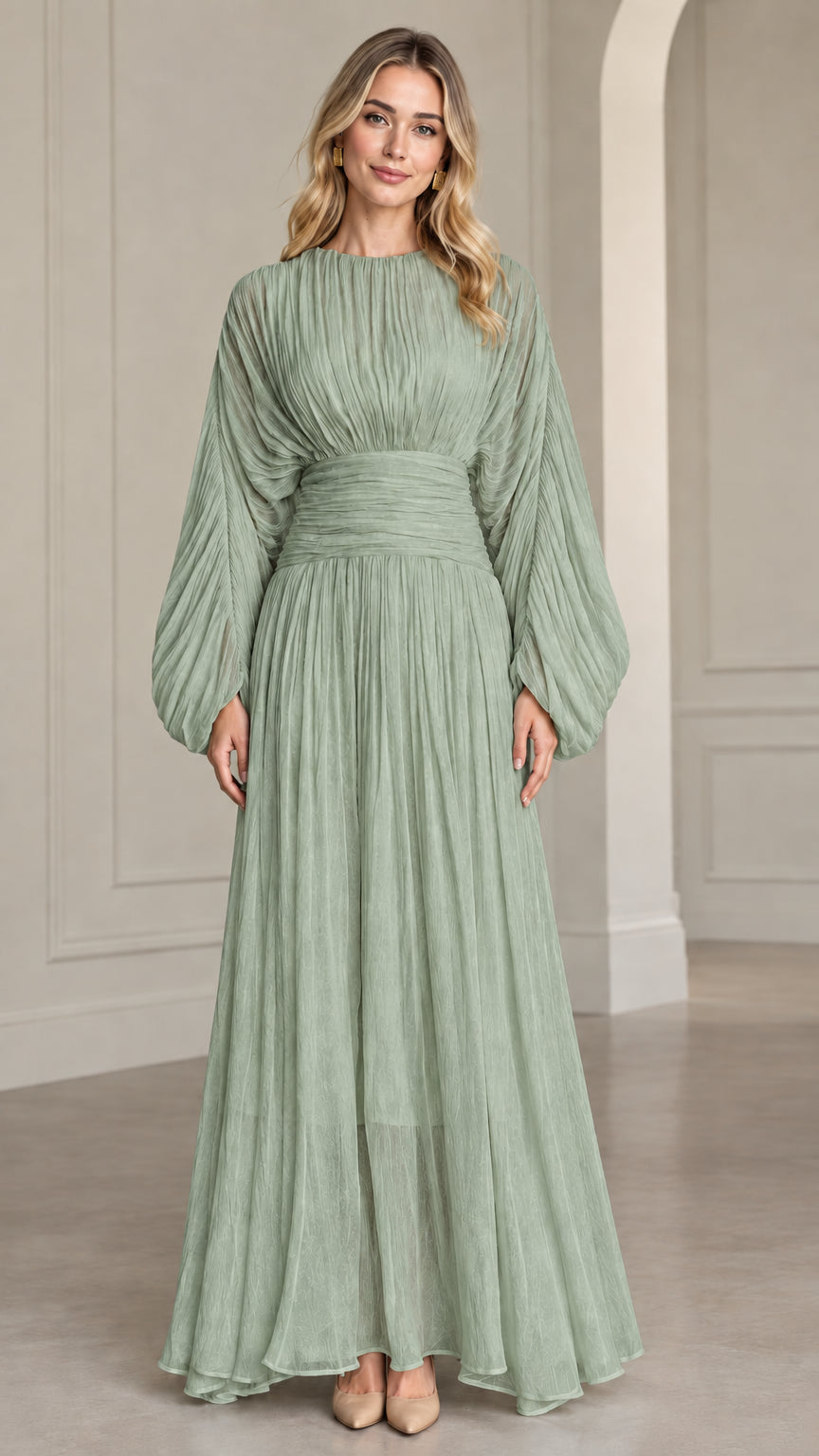 Sage green crinkle pleated long sleeve floor-length dress