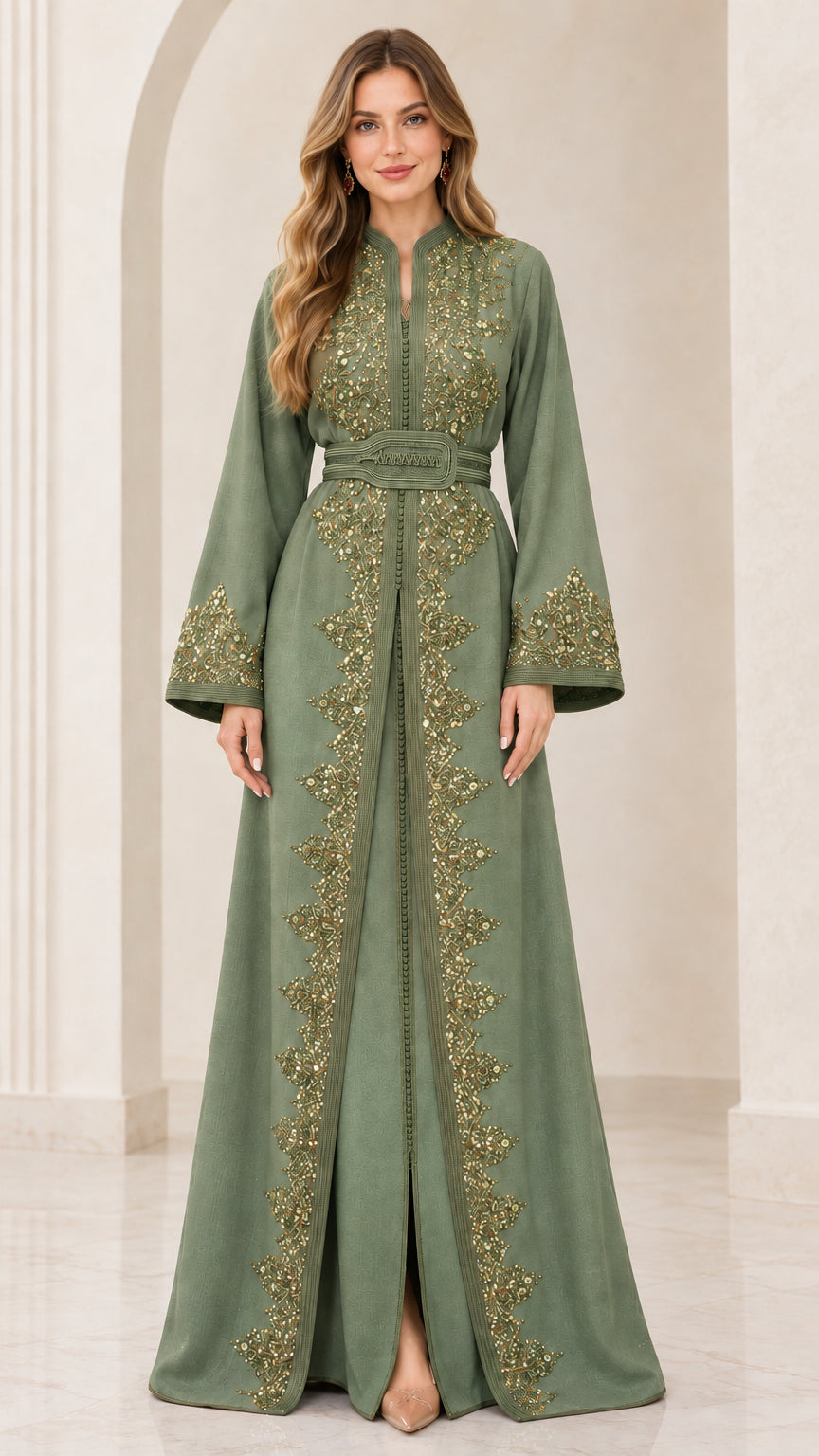 Model wearing Sage Green beaded Moroccan kaftan maxi dress with belt
