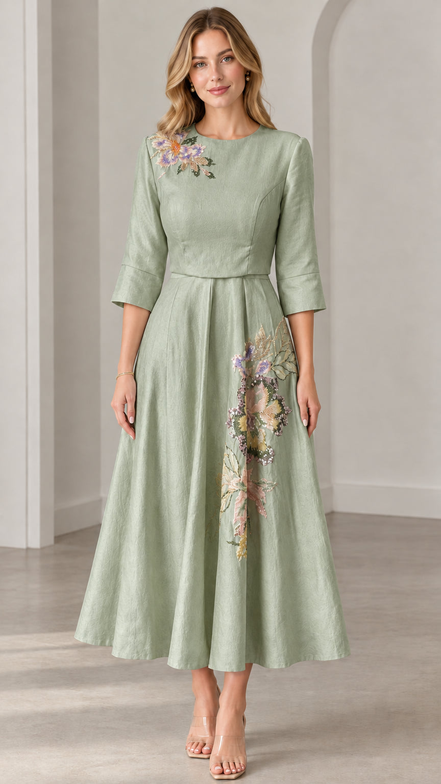 Front view of woman wearing Sage Green floral embroidered A-line midi dress