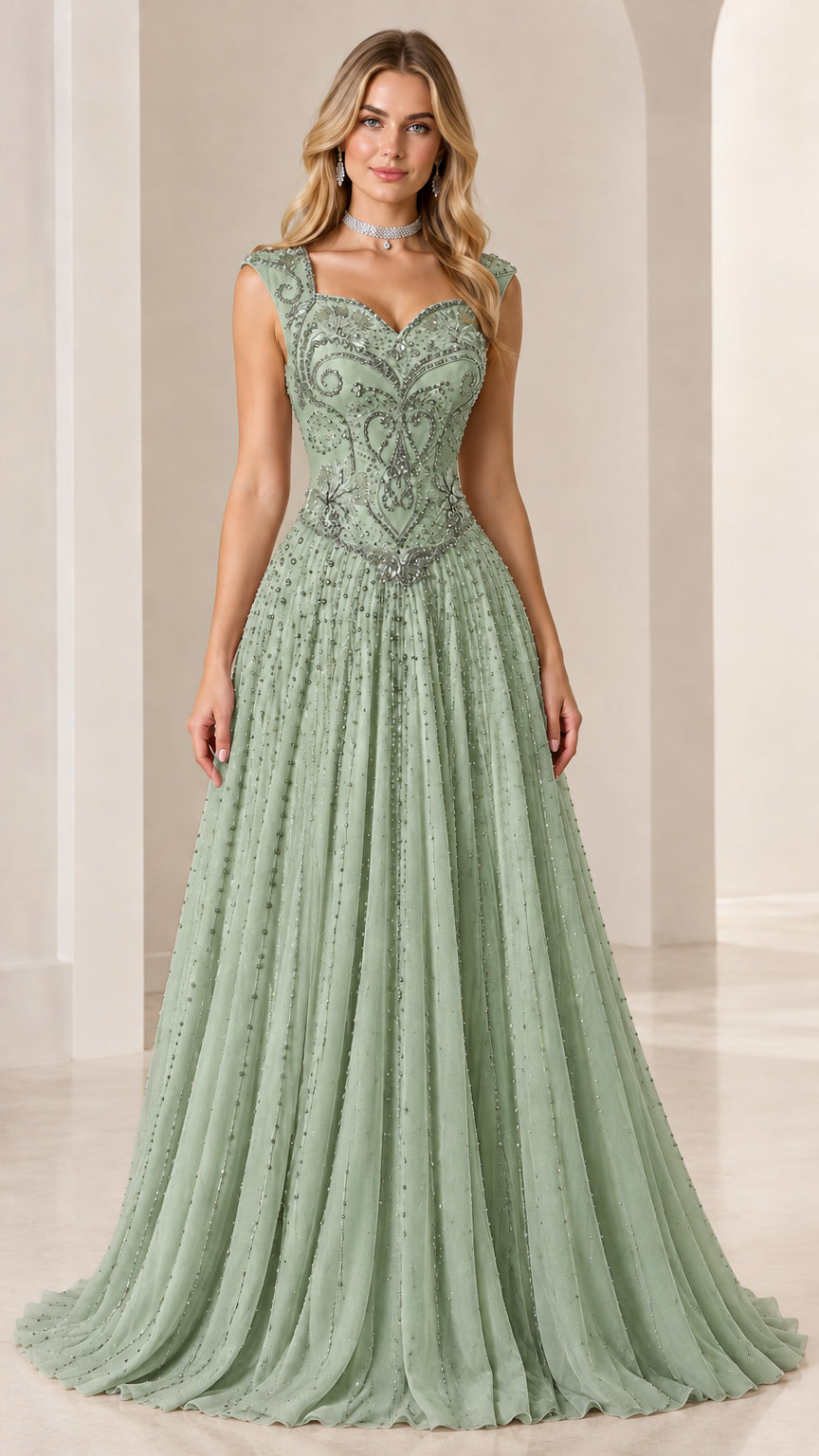 Front view of sage green beaded sleeveless A-line formal evening dress