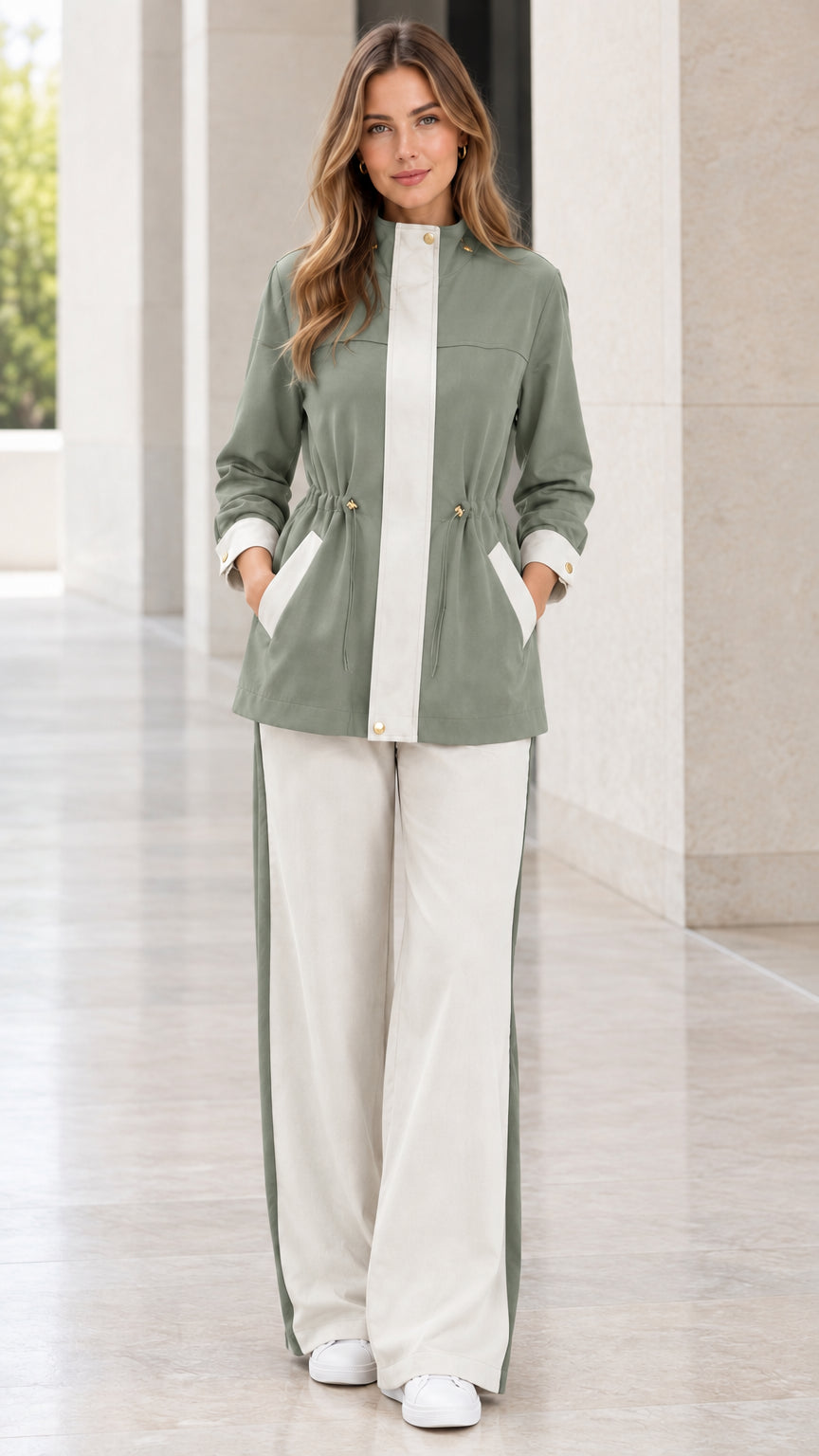 Sage Green contrast trim two-piece jacket and wide-leg pant set
