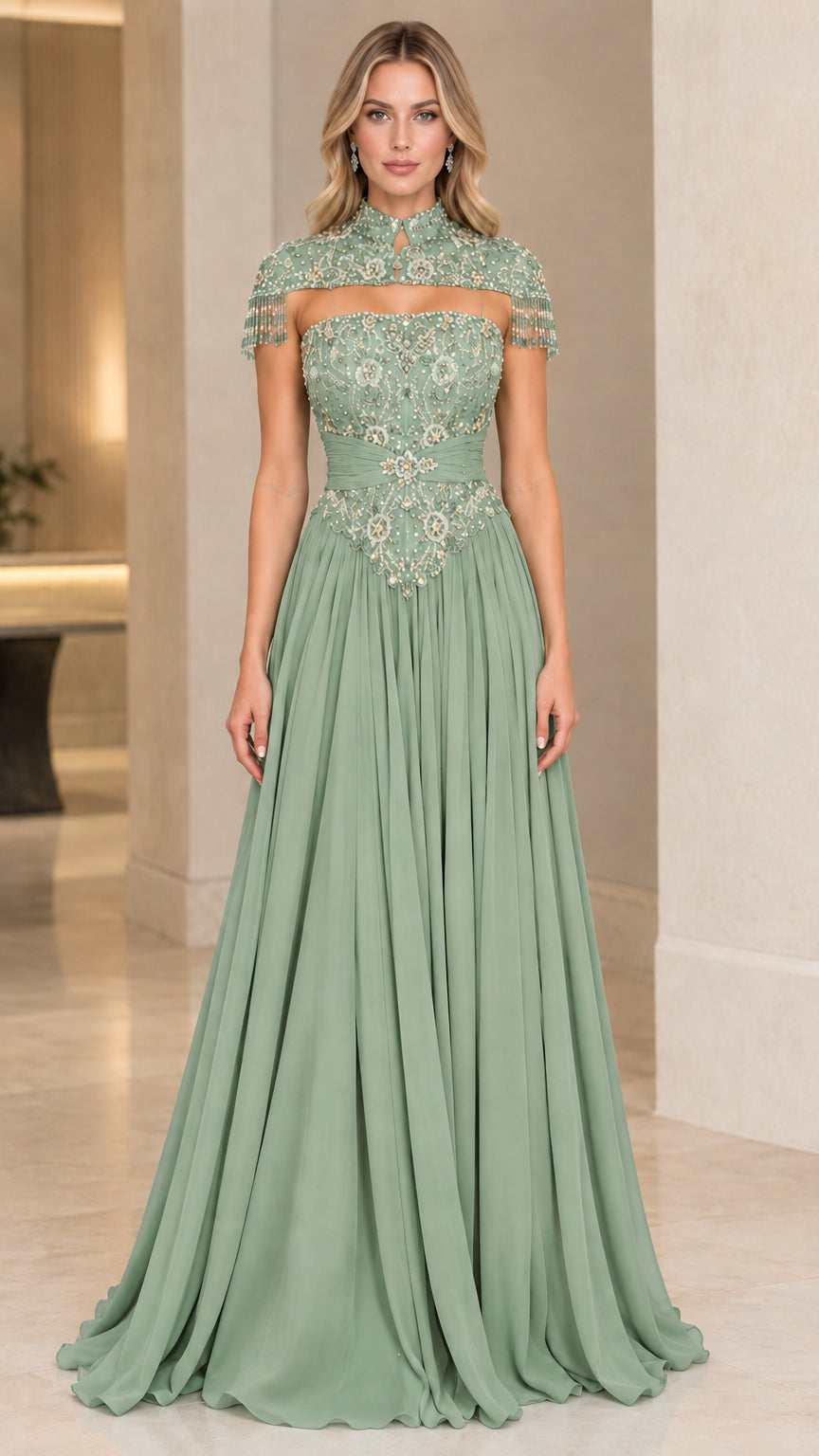 Sage green beaded capelet chiffon formal maxi dress