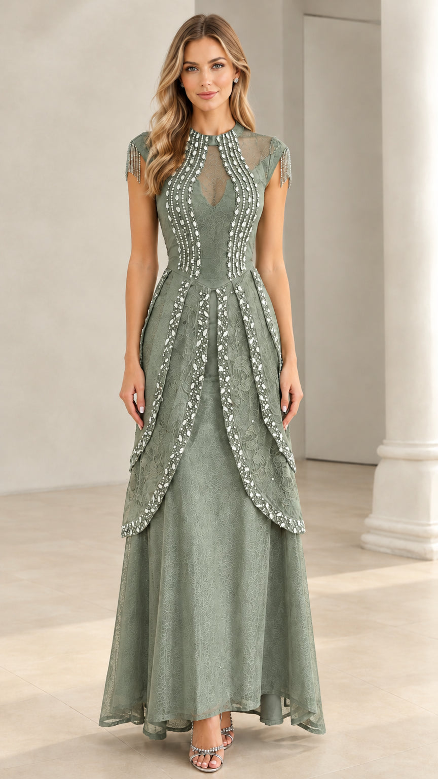 Sage green lace formal gown with rhinestone detailing and cap sleeves