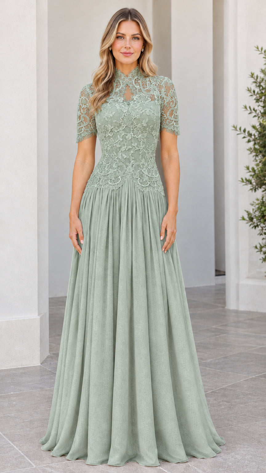 Model wearing Sage Green short sleeve lace bodice formal evening dress