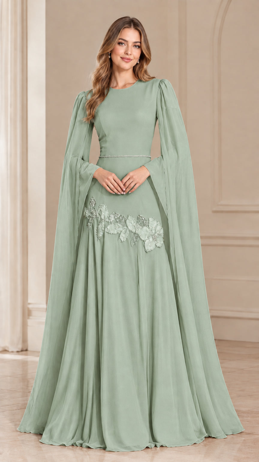 Model wearing Sage Green cape sleeve floor-length formal gown