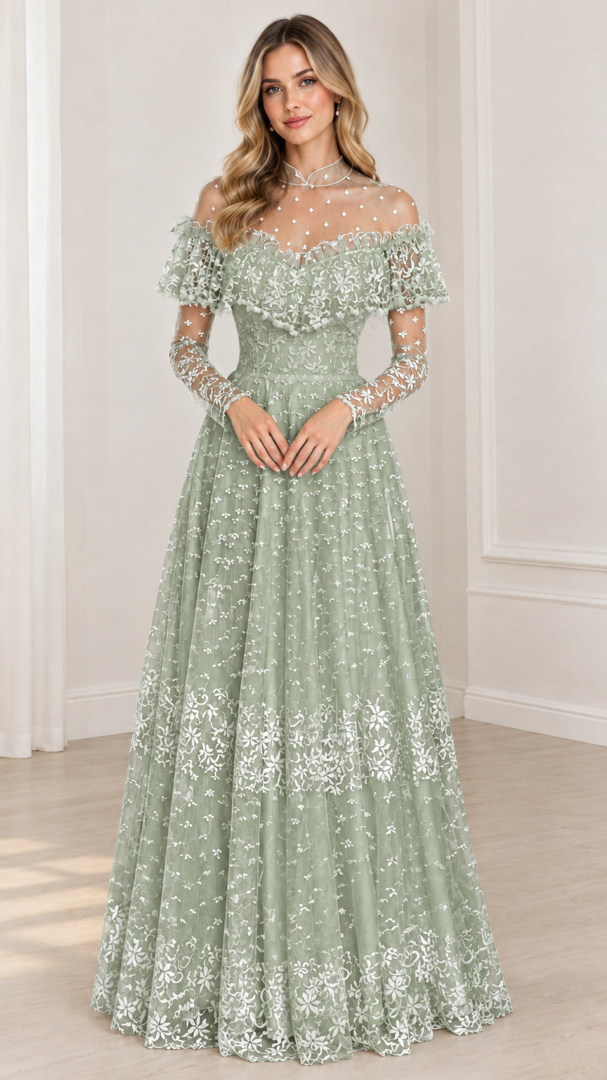 Front full view of sage green illusion lace floor-length dress