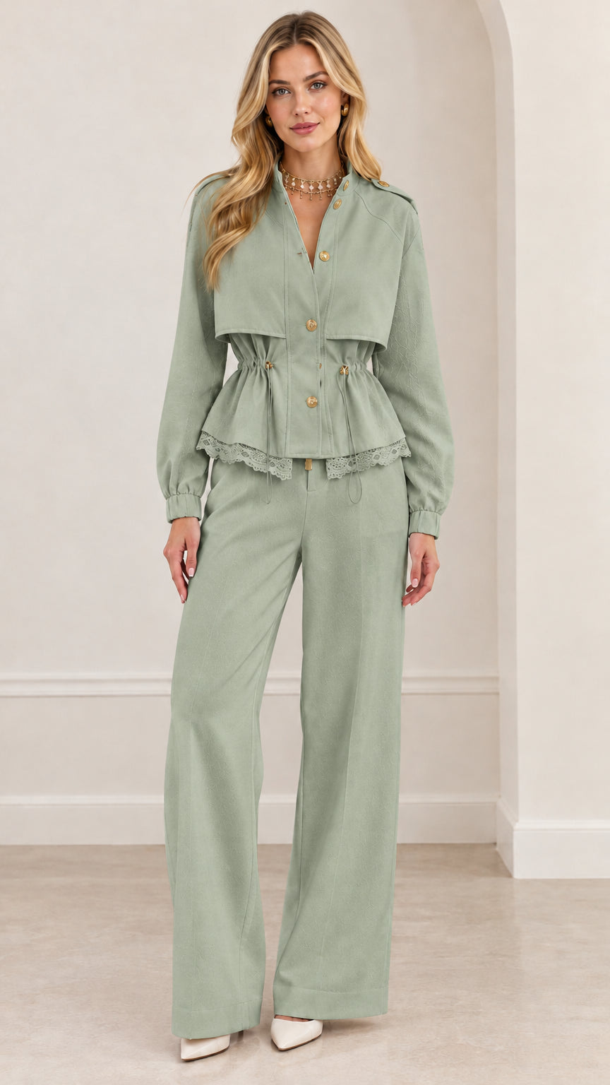 Full-length view of woman wearing sage green peplum jacket and matching wide-leg trousers