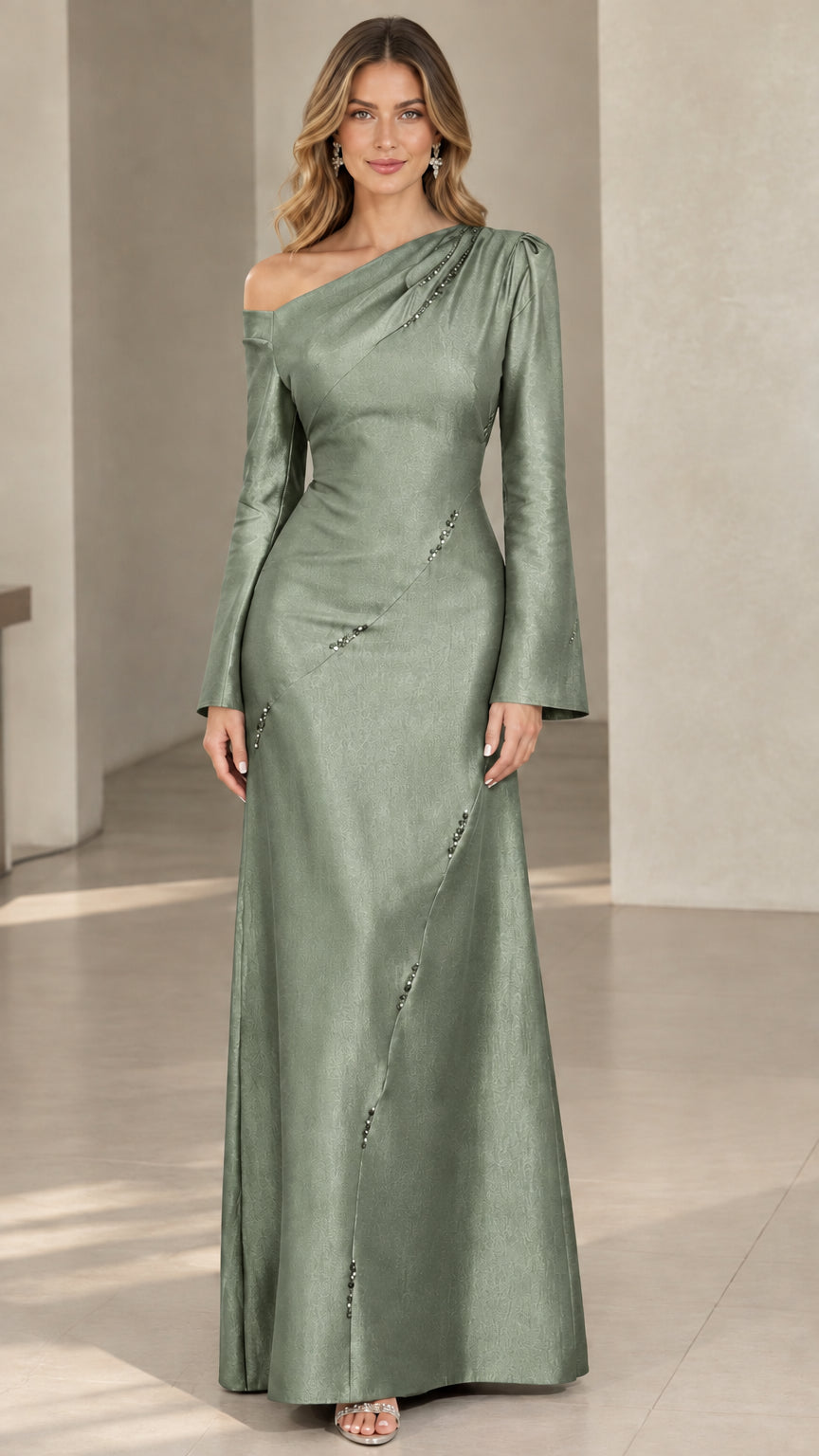 Sage green one-shoulder long sleeve formal evening gown