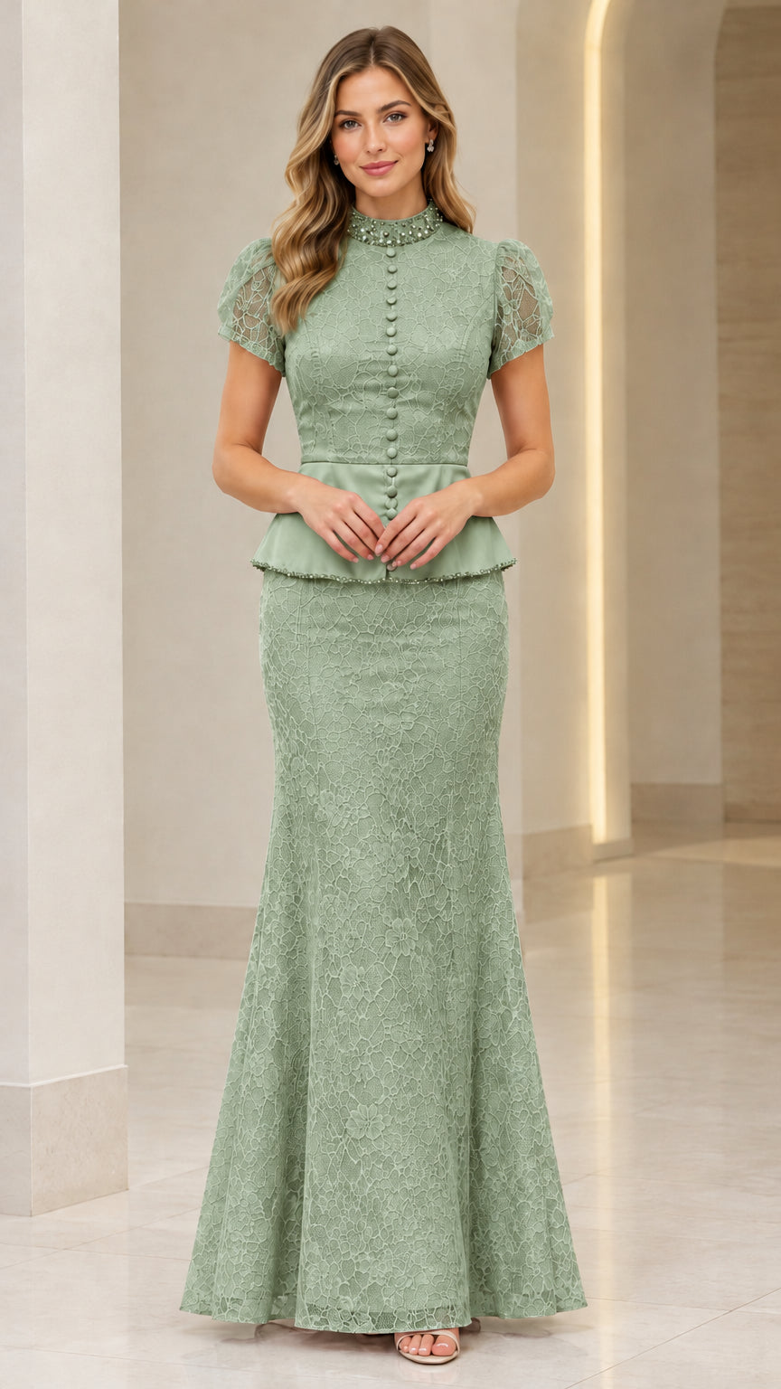 Sage Green beaded high neck peplum lace formal maxi dress front view