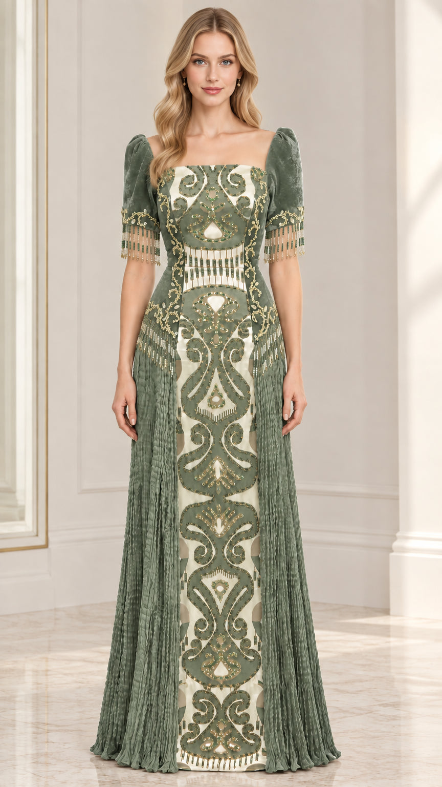 Sage Green embroidered velvet evening dress with square neckline