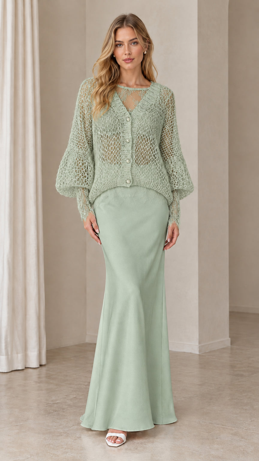 Sage Green open-knit cardigan and maxi skirt two-piece set with lace detailing