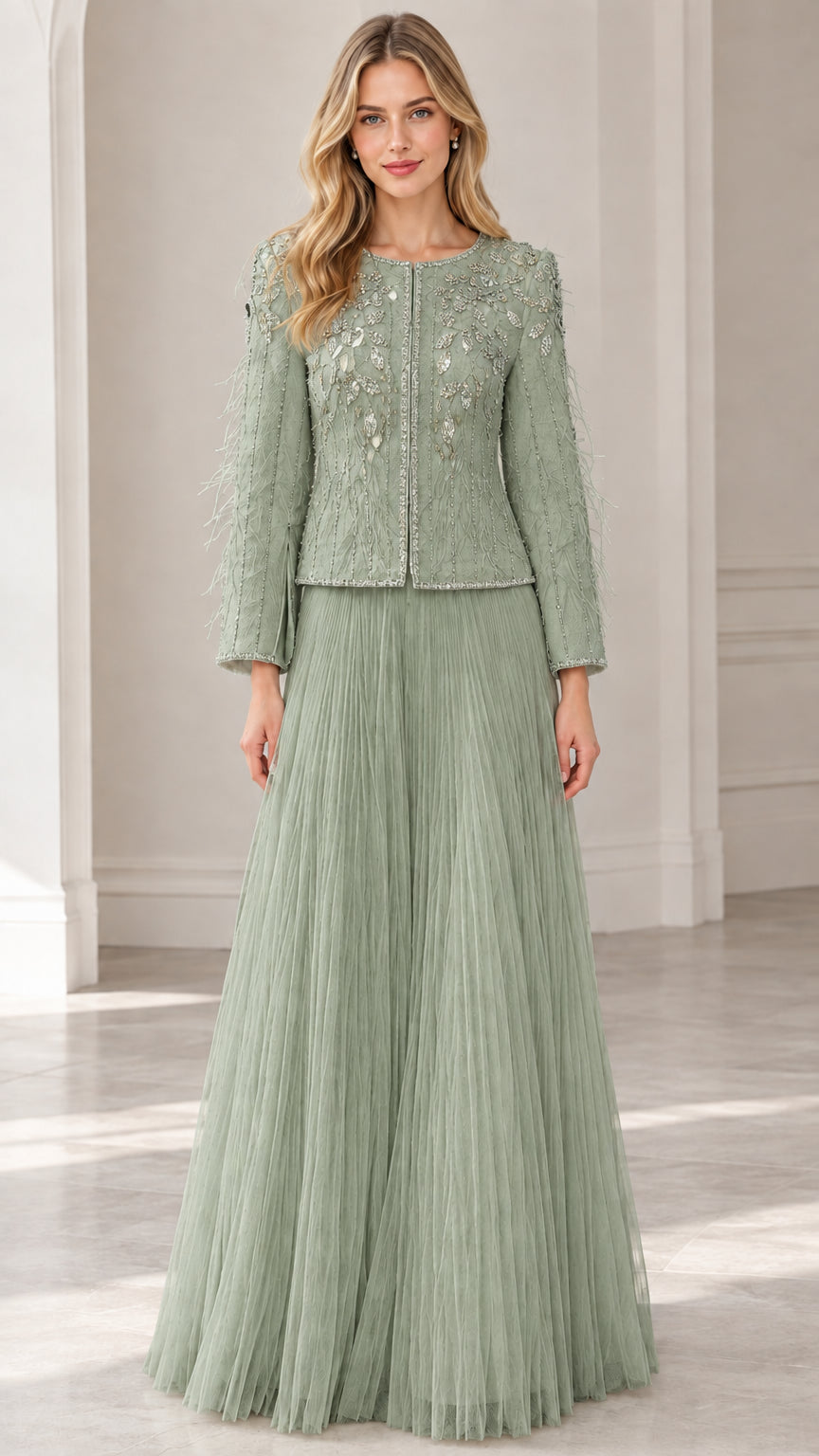 Sage green beaded two-piece formal evening dress set with pleated maxi skirt
