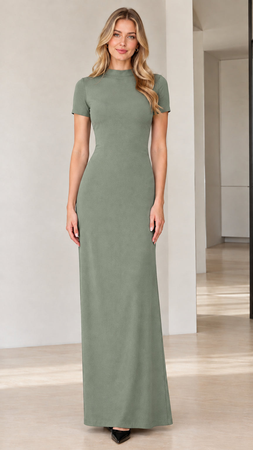 Front view of model wearing Sage Green mock neck short sleeve formal dress