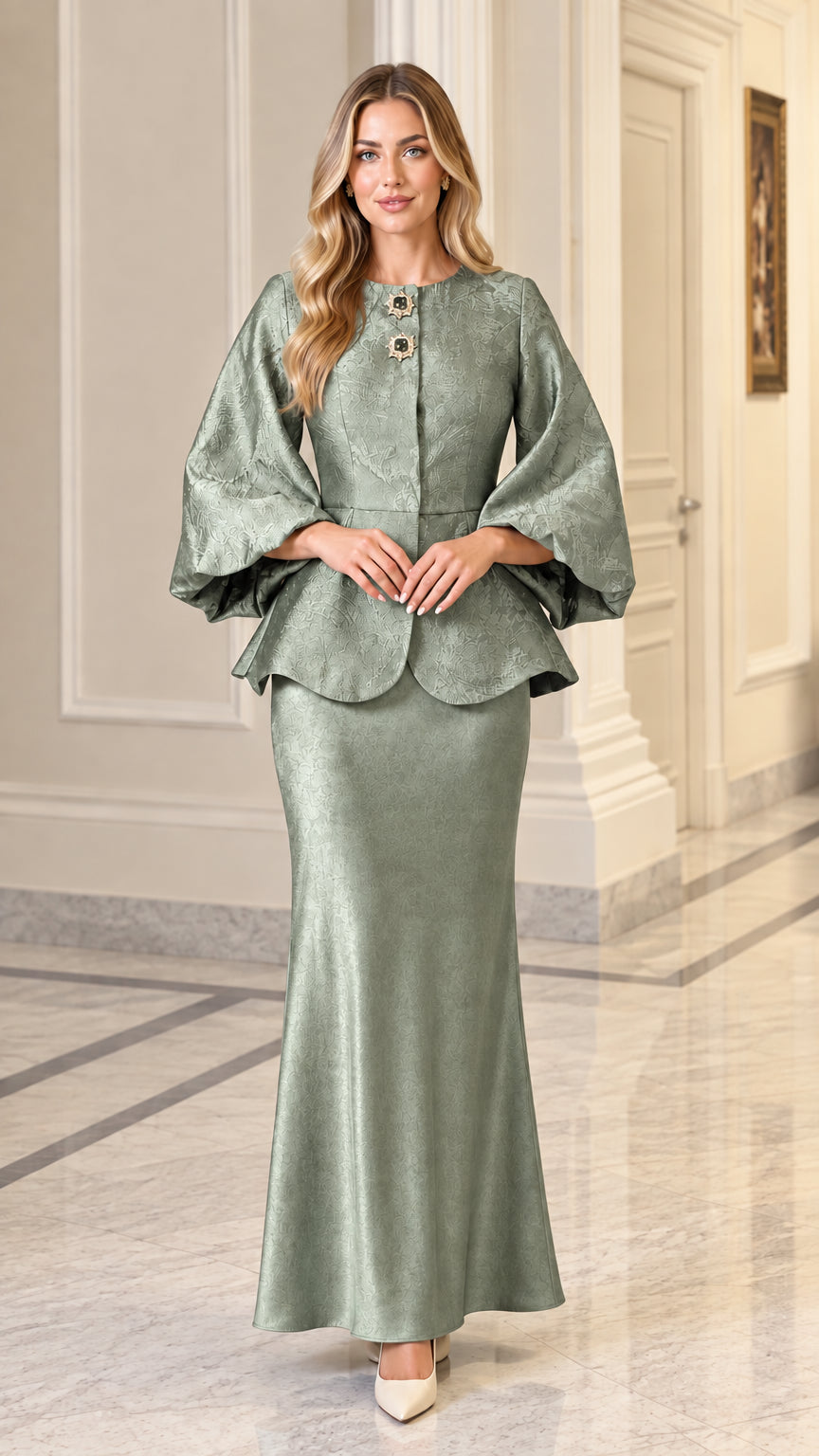 Model wearing sage green jacquard formal peplum skirt suit