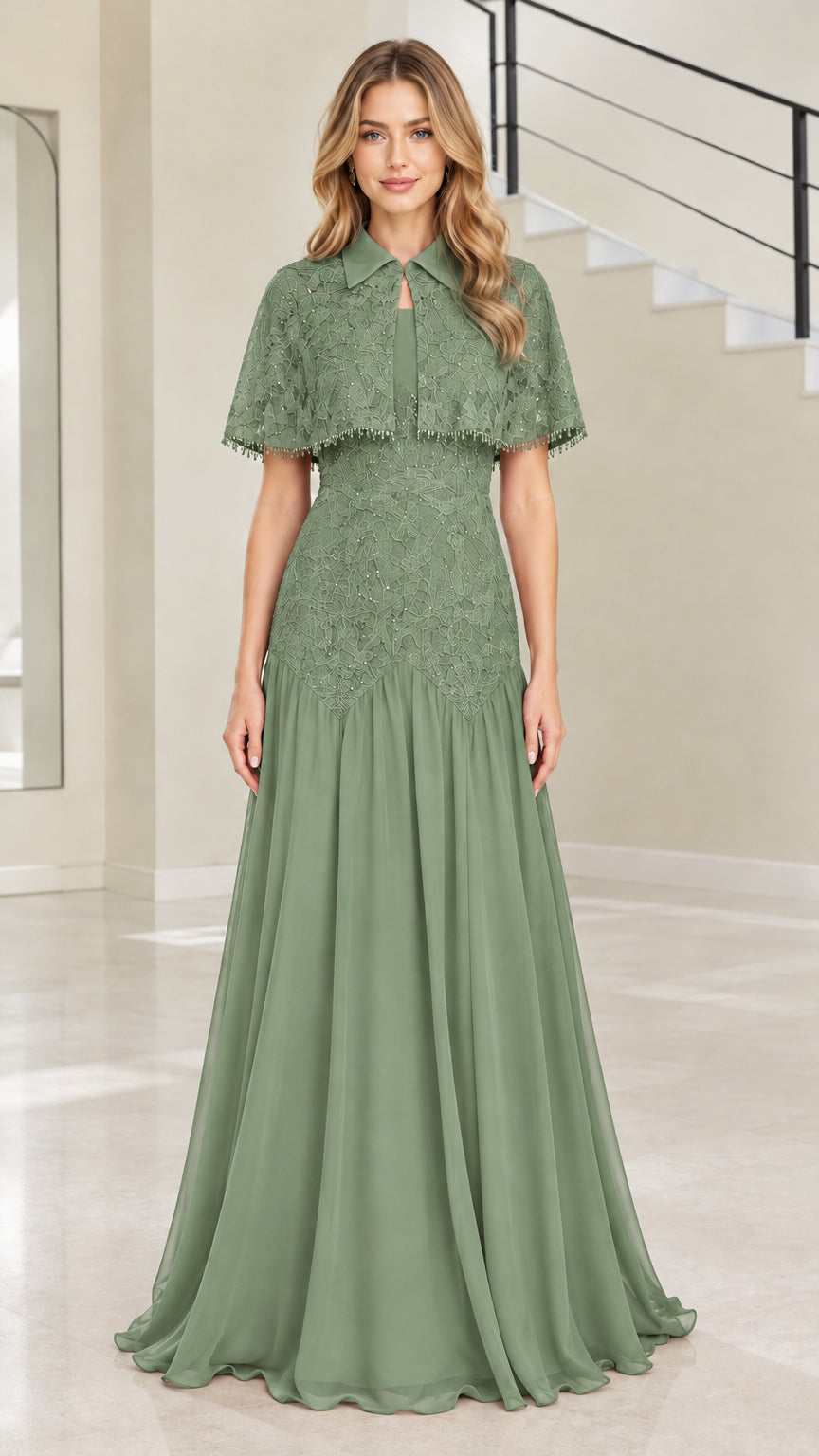 Woman wearing sage green beaded lace formal evening dress